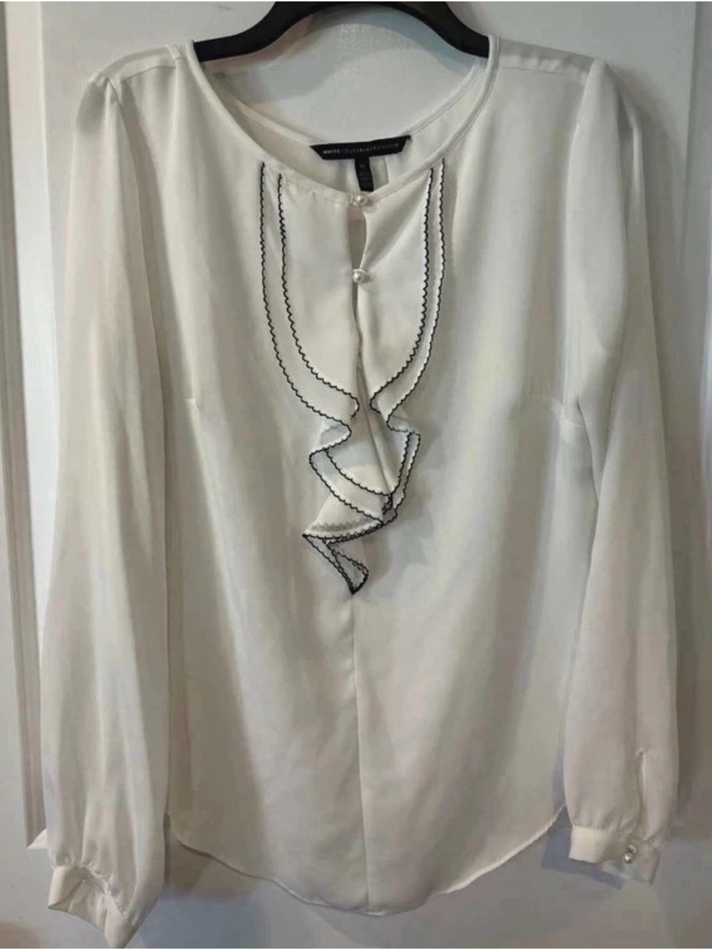 White House Black Market White Long-Sleeve Ruffle Blouse with Black Trim